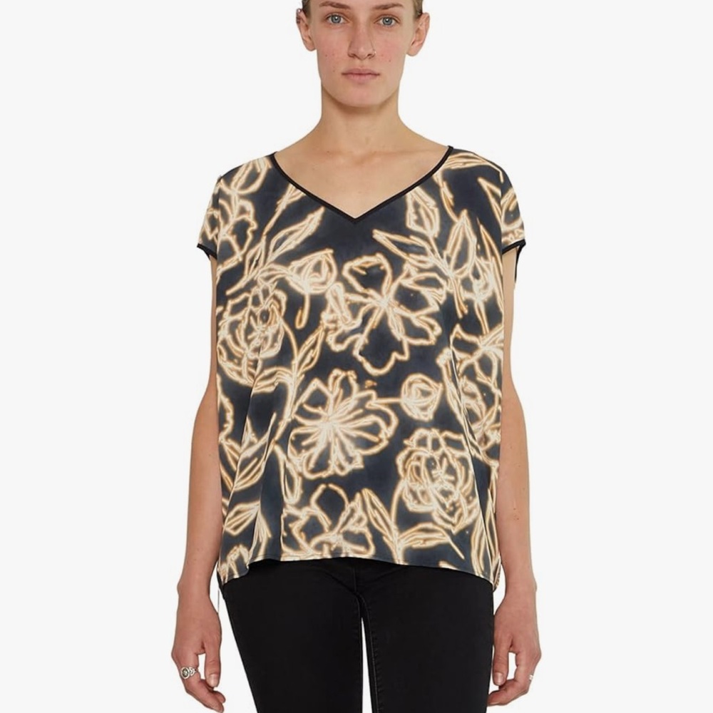 NWOT GARYGRAHAM422 Chic Floral V-Neck Cocoon Blouse in Black and Cream L